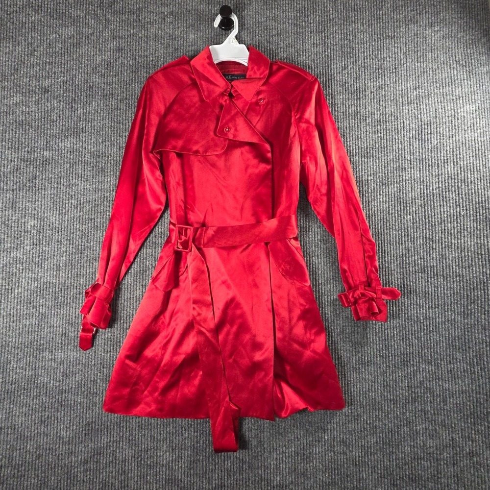 Anne Klein Red 100% Silk Trench Coat Belted Jacket Petite PP
